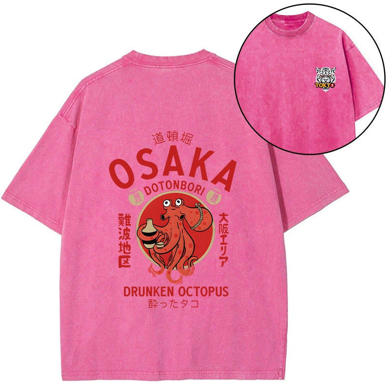 Tokyo-Tiger Drunken Octopus Japan Front Back Washed T-Shirt