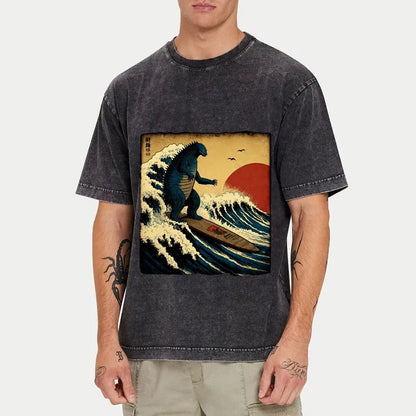 Tokyo-Tiger The Great Wave Godzilla Washed T-Shirt