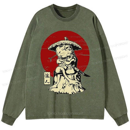 Tokyo-Tiger Rounin Japanese Frog Samurai Washed Long Sleeve T-Shirt