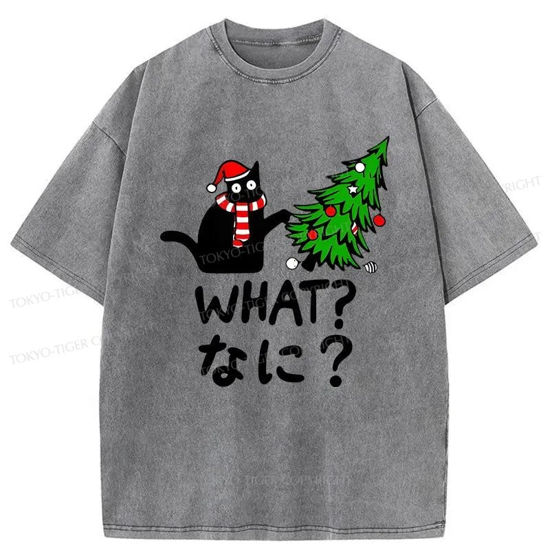 Tokyo-Tiger Naughty Cat Christmas Washed T-Shirt