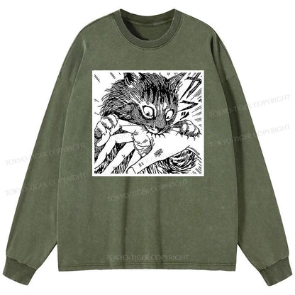 Tokyo-Tiger Creepy Cat Anime Horror Anteater Washed Long Sleeve T-Shirt