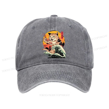 Tokyo-Tiger CatZilla Eating Sushi Japanese Wave Washed Cap