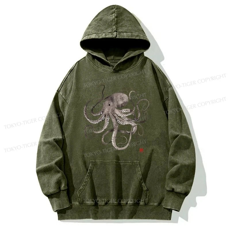 Tokyo-Tiger Octopus Japanese Calligraphy Washed Hoodie