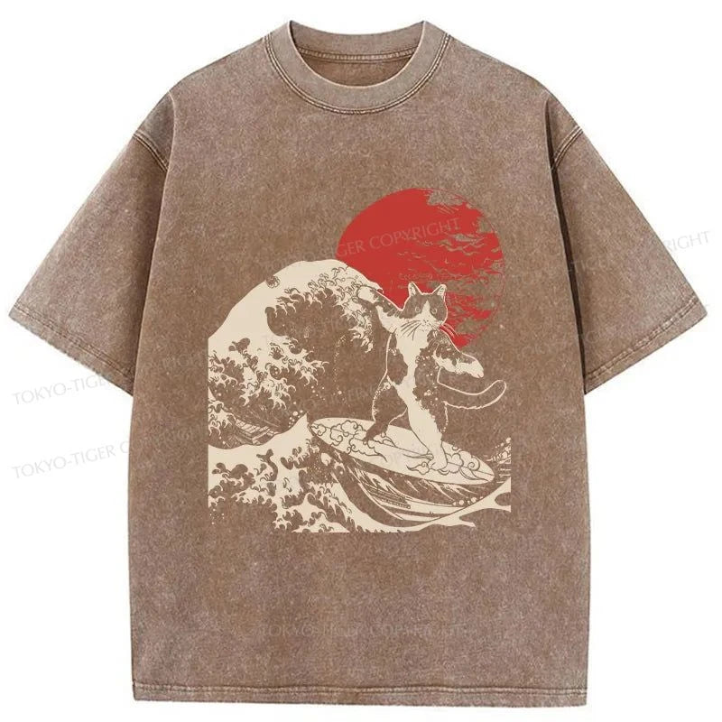 Tokyo-Tiger Cat Surfing Washed T-Shirt