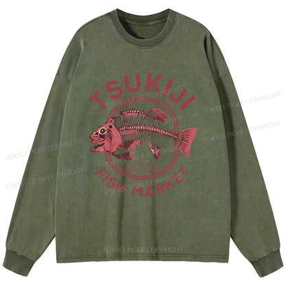 Tokyo-Tiger Tokyo Tsukiji Fish Market Vintage Japan Washed Long Sleeve T-Shirt