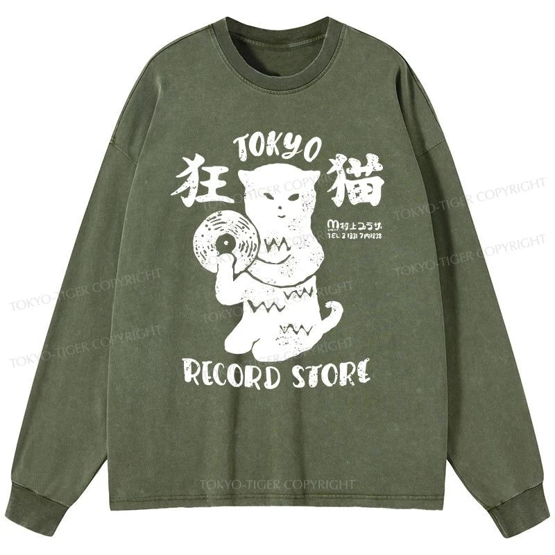 Tokyo-Tiger Tokyo Record Store Cat CD Washed Long Sleeve T-Shirt