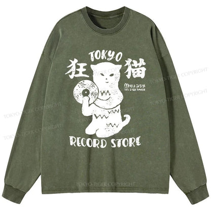 Tokyo-Tiger Tokyo Record Store Cat CD Washed Long Sleeve T-Shirt