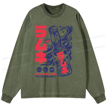 Tokyo-Tiger Ramune Print Japanese Washed Long Sleeve T-Shirt