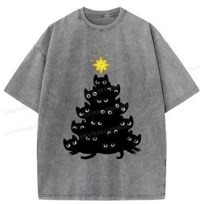 Tokyo-Tiger Black Cat Christmas Tree Washed T-Shirt