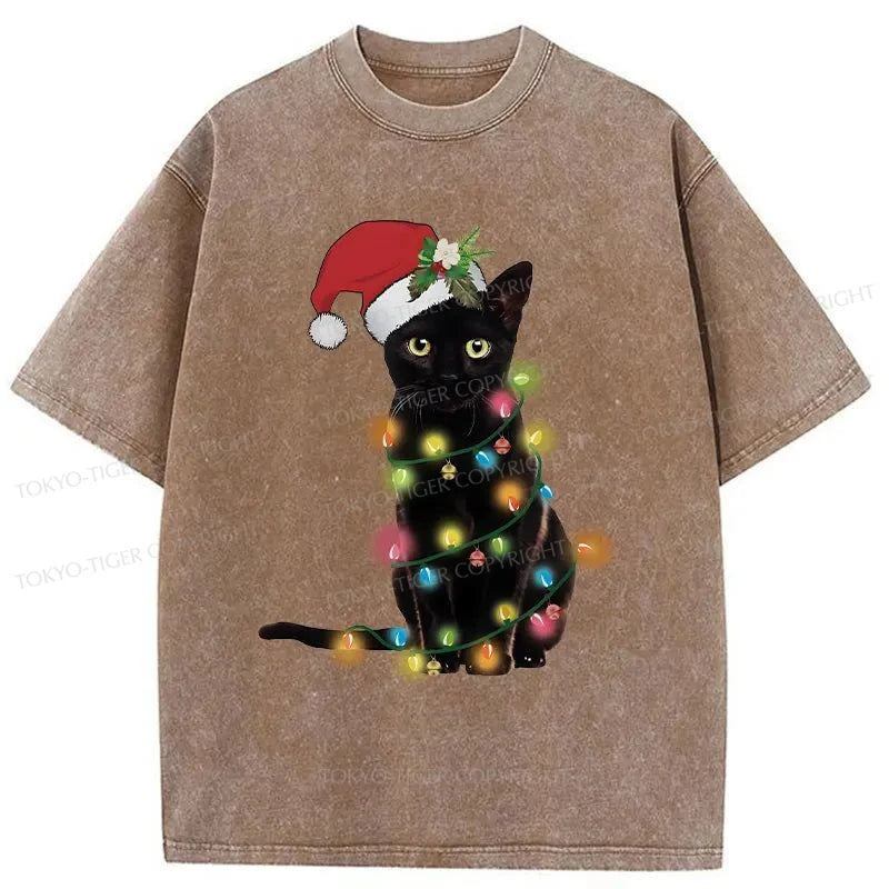 Tokyo-Tiger Cute Black Cat Christmas Washed T-Shirt