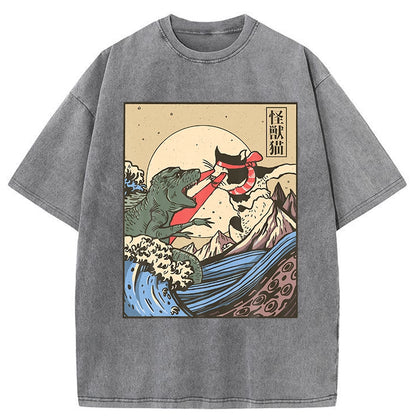 Tokyo-Tiger Japanese Great Wave Cat VS Monster Washed T-Shirt