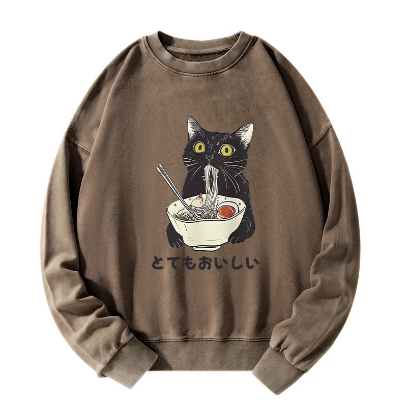 Tokyo-Tiger Cats Eat Ramen Noodles Washed Sweatshirt