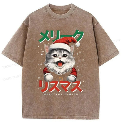 Tokyo-Tiger Cute Christmas Cat Washed T-Shirt