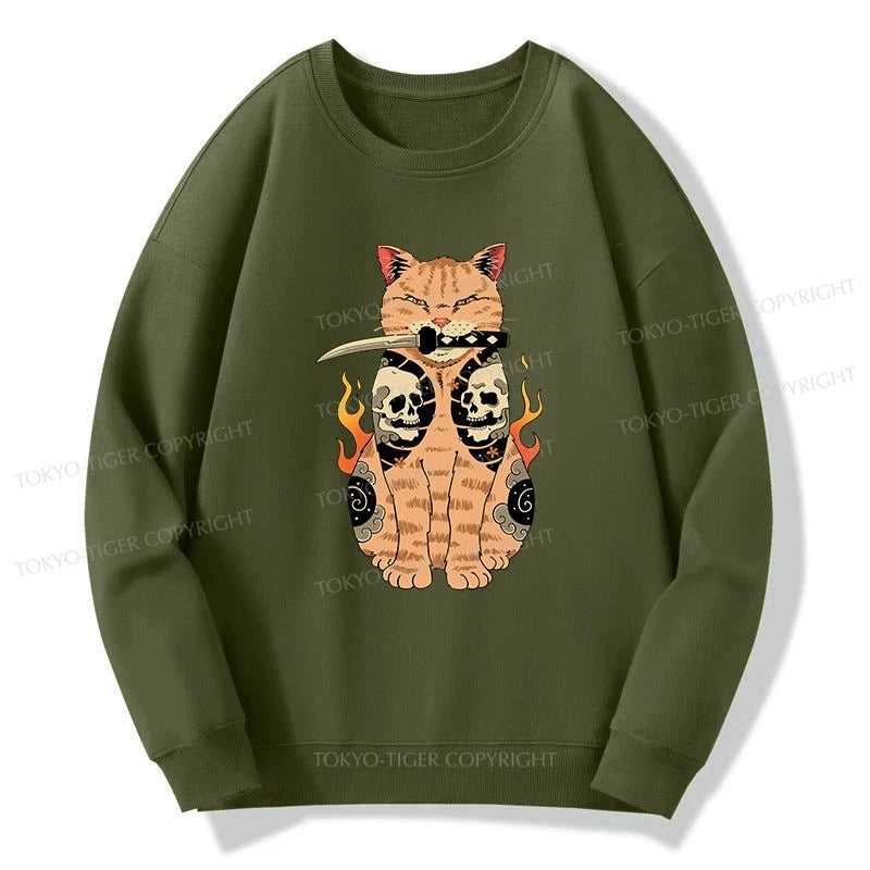 Tokyo-Tiger Catana Cat Skull Tattooed Samurai Sweatshirt