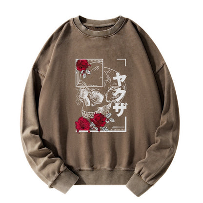 Tokyo-Tiger Skull Roses Japanese Aesthetic Washed Sweatshirt