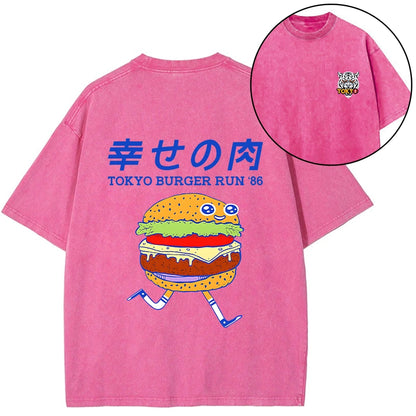 Tokyo-Tiger Tokyo Burger Run Japanese Front Back Washed T-Shirt