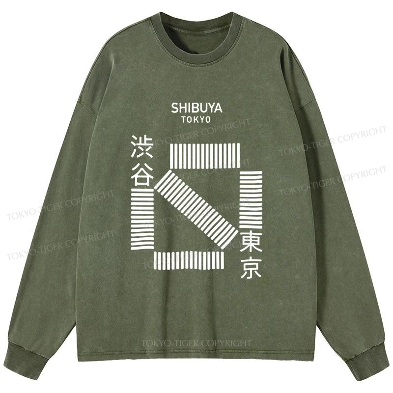 Tokyo-Tiger Japanese Shibuya Crossing Washed Long Sleeve T-Shirt