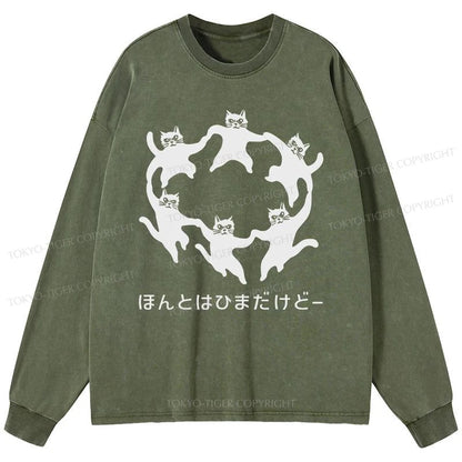 Tokyo-Tiger Leisure Cats Japanese Washed Long Sleeve T-Shirt