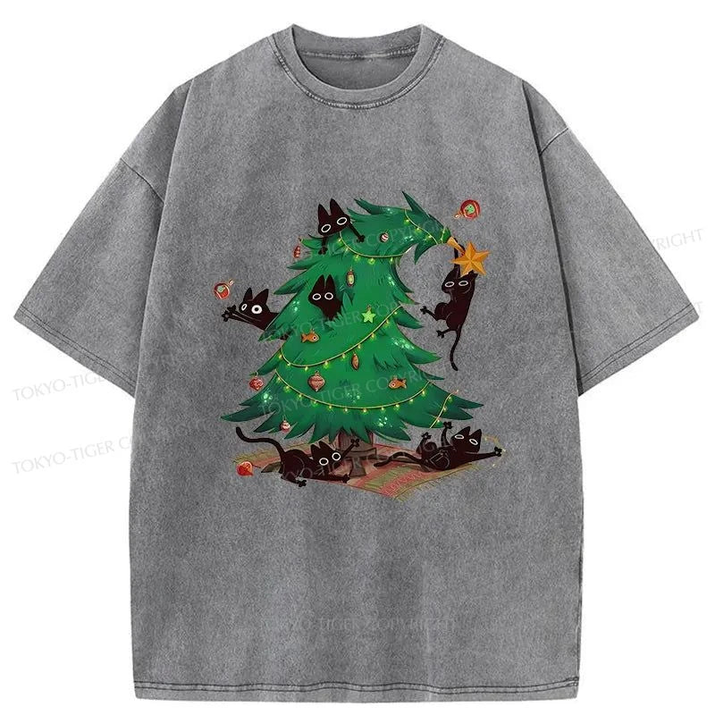 Tokyo-Tiger Cat Hiding In The Christmas Tree Washed T-Shirt