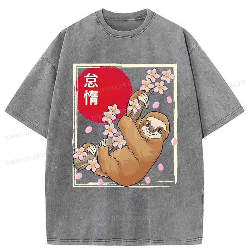 Tokyo-Tiger Sloths Climb On Cherry Trees Washed T-Shirt