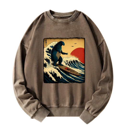 Tokyo-Tiger The Great Wave Godzilla Washed Sweatshirt