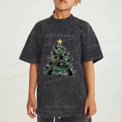 Tokyo-Tiger Meowy Christmas Tree Kids Washed T-Shirt