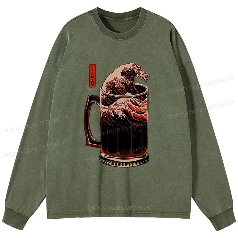 Tokyo-Tiger The Great Wave Of Beer Japanese Washed Long Sleeve T-Shirt