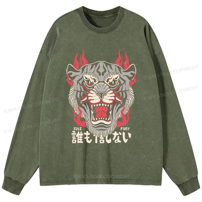 Tokyo-Tiger Retro Tiger Japanese Washed Long Sleeve T-Shirt