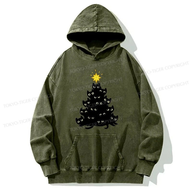 Tokyo-Tiger Black Cat Christmas Tree Washed Hoodie