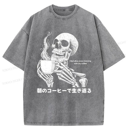 Tokyo-Tiger Skeleton Drinking Coffee Washed T-Shirt