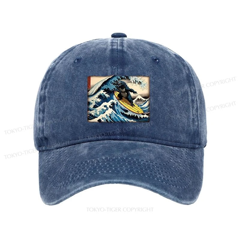 Tokyo-Tiger Dinosaur Surfing Japanese Washed Cap