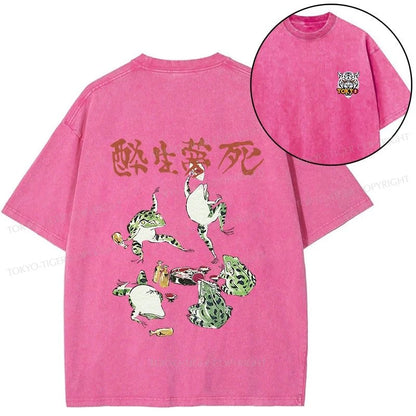 Tokyo-Tiger Japanese Frog Osake Kanji Front Back Washed T-Shirt