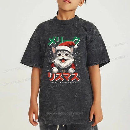 Tokyo-Tiger Cute Christmas Cat Kids Washed T-Shirt