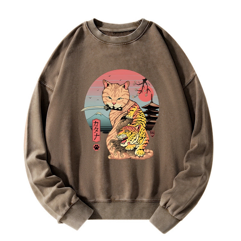 Tokyo-Tiger Katana Cat Tattoo Washed Sweatshirt