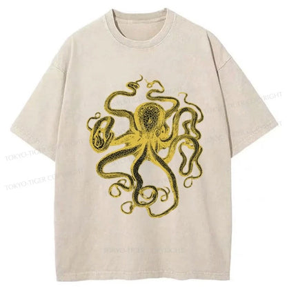 Tokyo-Tiger Golden Octopus Drawing Washed T-Shirt