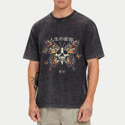 Tokyo-Tiger Butterfly Skull Japanese Washed T-Shirt