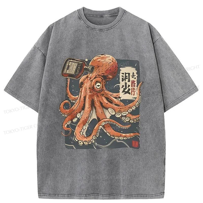 Tokyo-Tiger Octopus Drink Washed T-Shirt