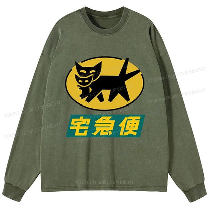 Tokyo-Tiger Black Cat Quick Transport Washed Long Sleeve T-Shirt