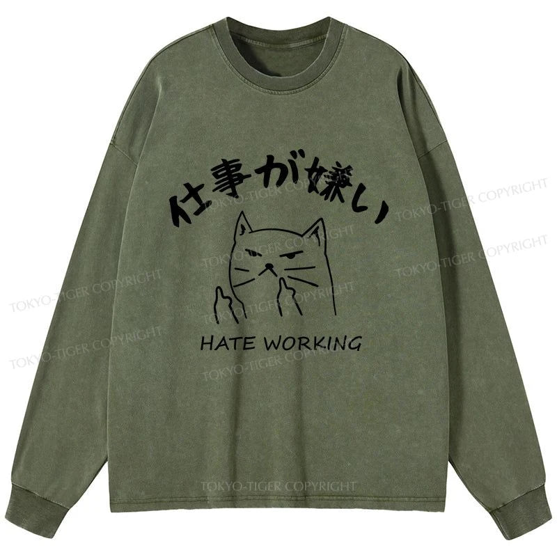 Tokyo-Tiger A Cat That Hates Work Washed Long Sleeve T-Shirt