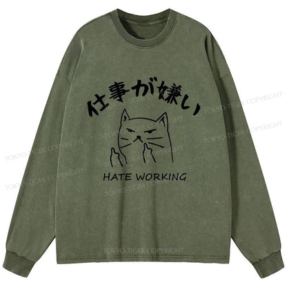 Tokyo-Tiger A Cat That Hates Work Washed Long Sleeve T-Shirt