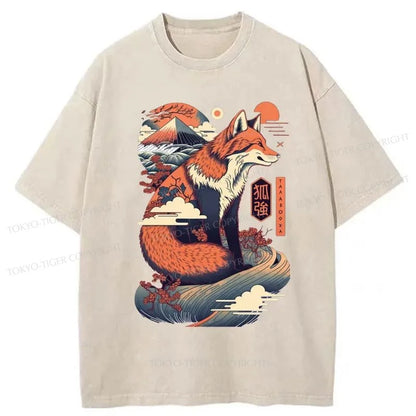 Tokyo-Tiger Japanese Kitsune Fox Wave Washed T-Shirt