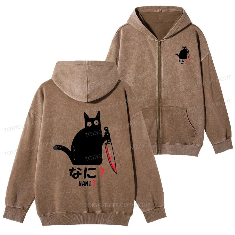 Tokyo-Tiger A Puzzled Cat Holding A Knife Washed Zip Hoodie