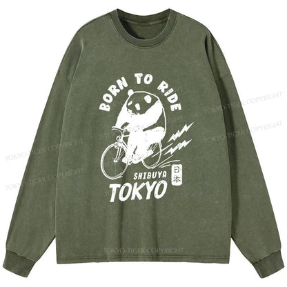 Tokyo-Tiger Pandas Ride Bicycles Washed Long Sleeve T-Shirt