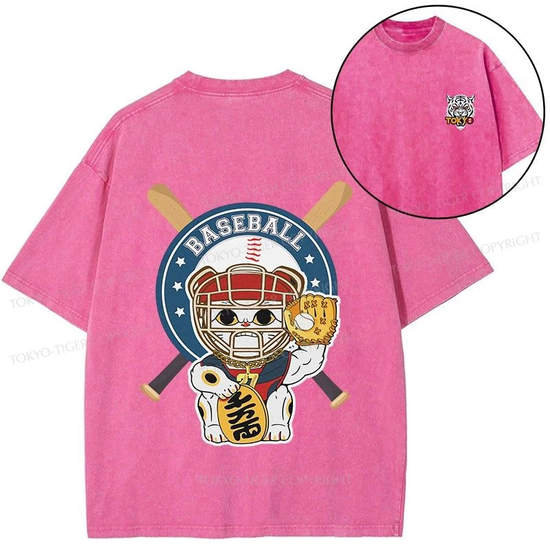 Tokyo-Tiger Janpaese Baseball Cat Front Back Washed T-Shirt