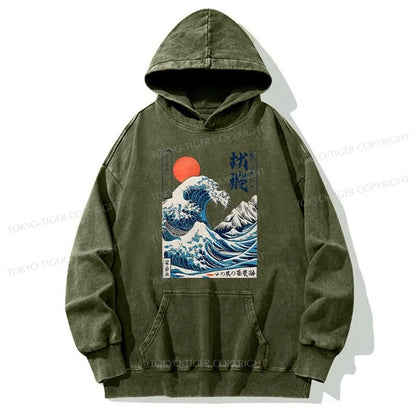 Tokyo-Tiger Ukiyo-e Ocean Waves Japan Washed Hoodie