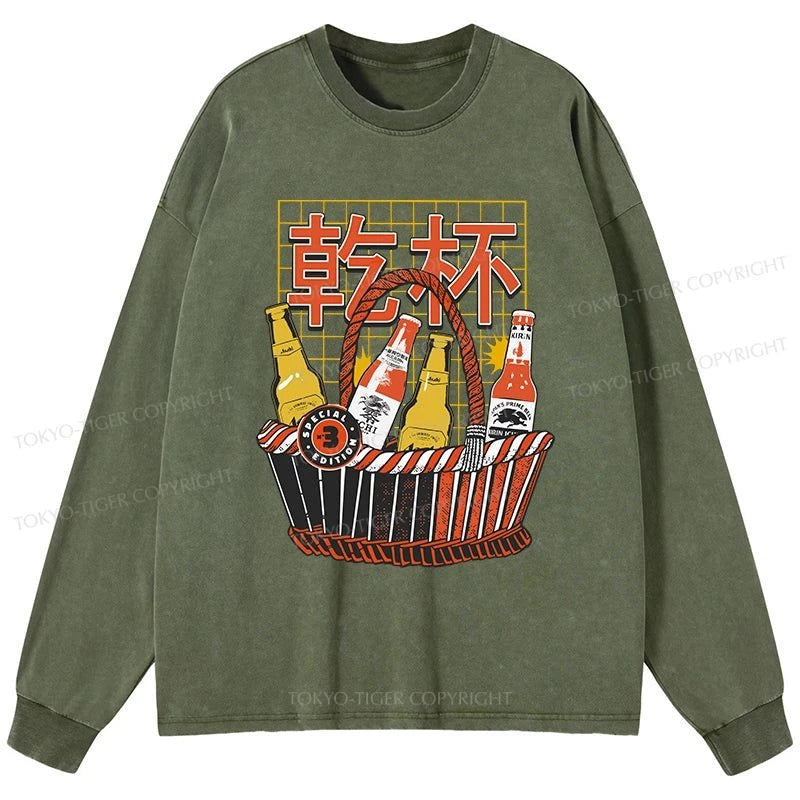 Tokyo-Tiger Have A Beer Together Washed Long Sleeve T-Shirt