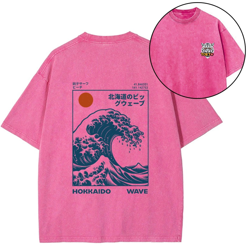 Tokyo-Tiger Hokkaido Wave Japan Front Back Washed T-Shirt