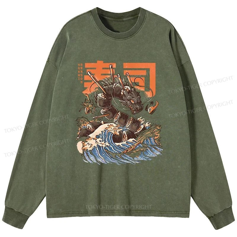 Tokyo-Tiger The Great Sushi Dragon Wave Washed Long Sleeve T-Shirt