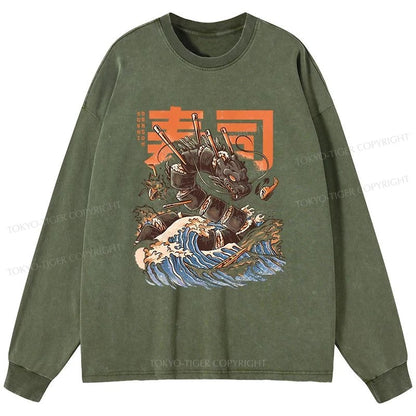 Tokyo-Tiger The Great Sushi Dragon Wave Washed Long Sleeve T-Shirt