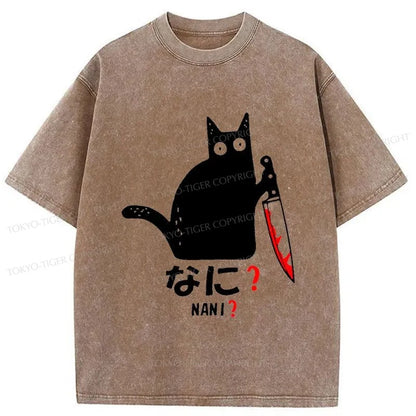 Tokyo-Tiger A Puzzled Cat Holding A Knife Washed T-Shirt